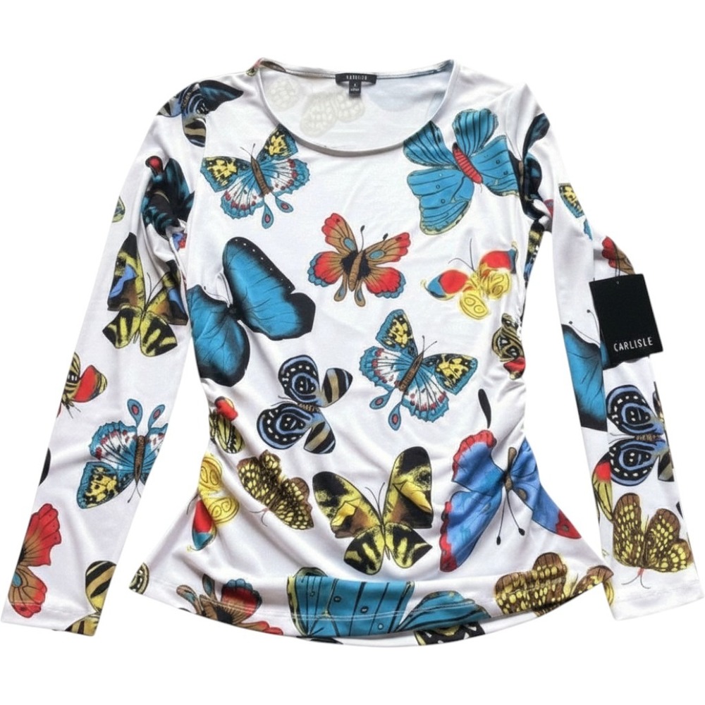 NWT Carlisle Womens M White Multicolor Butterfly Print Long Sleeve Top